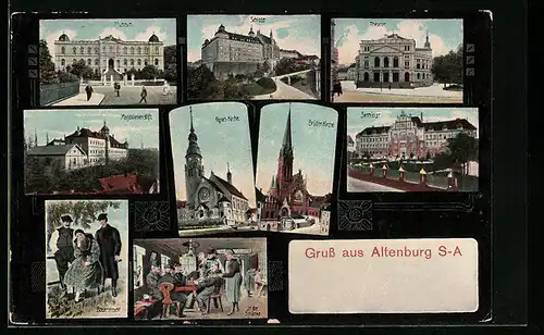 AK Altenburg S.-A., Museum, Schloss, Agnes-Kirche, Brüder-Kirche, Leute beim Skat