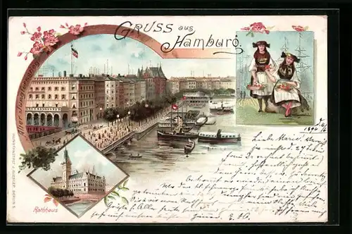 Lithographie Hamburg, Partie am Ufer, Rathaus, Trachten