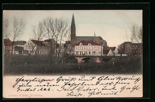 AK Stassfurt, Ortspartie mit Brücke und Kirche