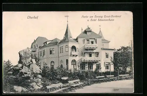 AK Oberhof, Herzog Ernst-Denkmal u. Hotel Schweizerhaus