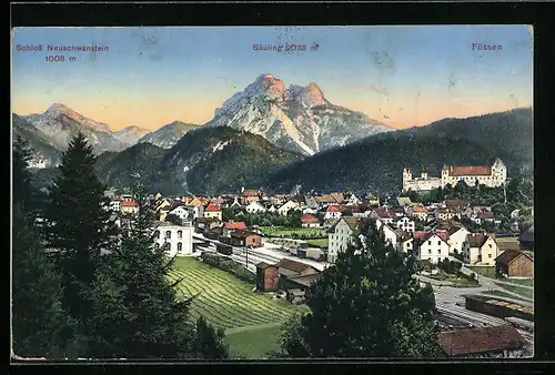 AK Füssen, Bahnhof mit Schloss Neuschwanstein und Säuling