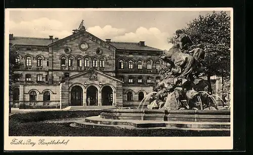 AK Fürth i. Bay., Hauptbahnhof mit Brunnen