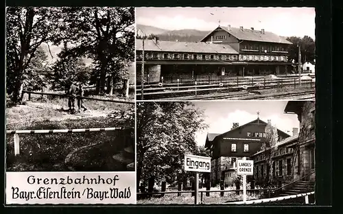 AK Bayr. Eisenstein /Bayr. Wald, Grenzbahnhof, Landesgrenze, Ortspartie mit Soldaten