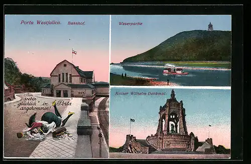 AK Porta Westfalica, Bahnhof, Kaiser Wilhelm-Denkmal, Weserpartie