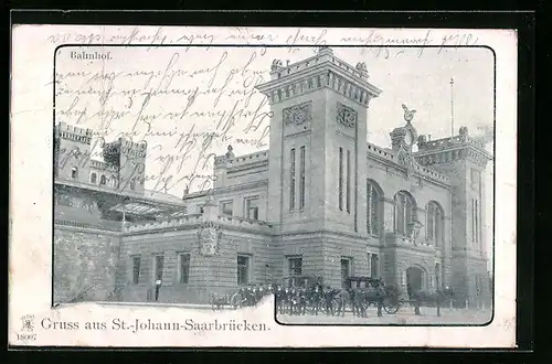 AK Saarbrücken-St.-Johann, Bahnhof mit Kutschen