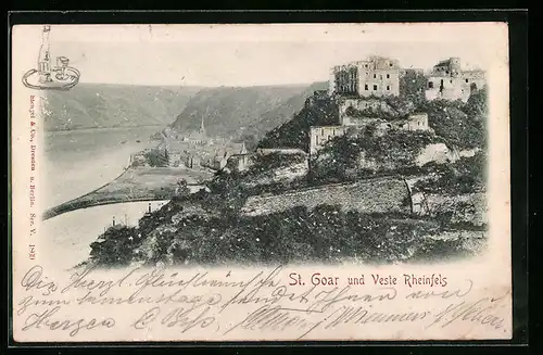 Relief-AK St. Goar, Teilansicht mit Burg und Veste Rheinfels