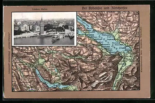 Relief-AK Lindau i. B., Hafen mit Dampfern, Landkarte vom Bodensee und Zürichersee