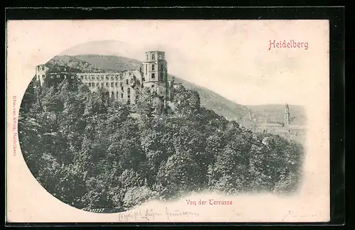 Relief-AK Heidelberg, Blick von der Terrasse auf die Burg