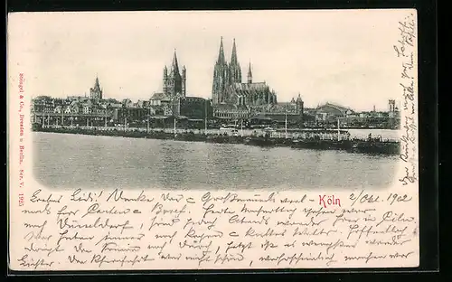 Relief-AK Köln, Ortspartie mit Fluss und Dom