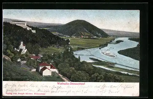 Relief-AK Donaustauf, Walhalla und Fluss mit Dampfer