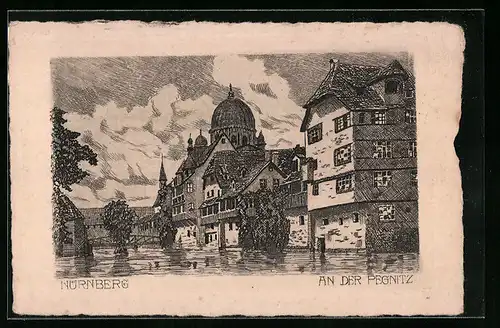 Künstler-AK Nürnberg, An der Pegnitz, Synagoge