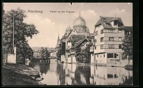 AK Nürnberg, Partie an der Pegnitz mit Synagoge