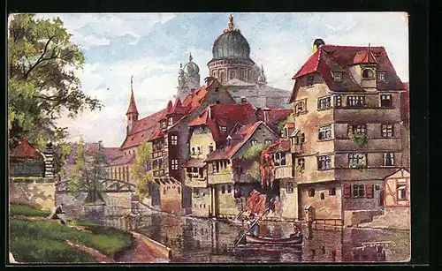 Künstler-AK Nürnberg, Insel Schütt mit Synagoge