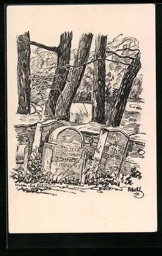 Künstler-AK Zidovsky hrrbitov, Grabsteine