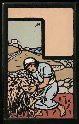 Künstler-AK Jüdische Bäuerin bei der Ernte
