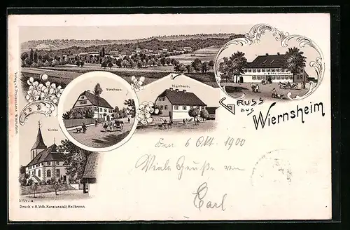 Lithographie Wiernsheim, Forsthaus, Totalansicht, Pfarrhaus, Kirche