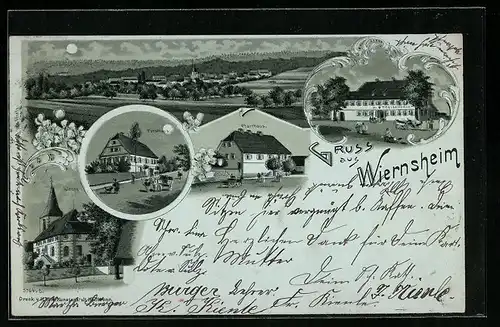Mondschein-Lithographie Wiernsheim, Pfarrhaus, Totalansicht, Gasthaus H. Preisendanz, Kirche