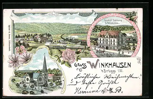 Lithographie Winkhausen bei Brügge, Gasthof Erholung H. Naumann, Totalansicht, Kirche