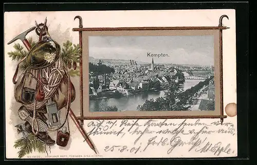 Passepartout-Lithographie Kempten, Teilansicht mit Fluss