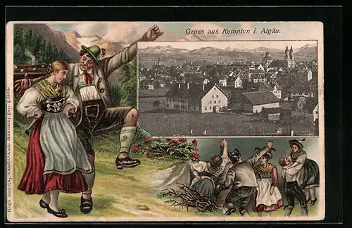 Passepartout-Lithographie Kempten i. Algäu, Ortsansicht aus der Vogelschau, Tracht