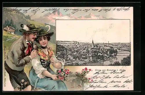 Passepartout-Lithographie Kempten i. Algäu, Ortsansicht mit Fluss und Brücke