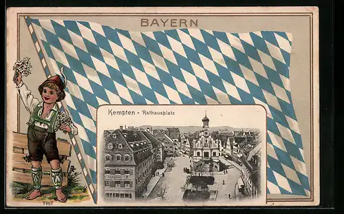 Passepartout-Lithographie Kempten, Rathausplatz aus der Vogelschau, Flagge und Tracht