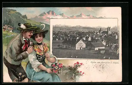 Passepartout-Lithographie Kempten i. Algäu, Ortsansicht mit Kirche, Tracht