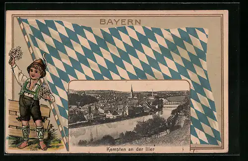 Passepartout-Lithographie Kempten an der Iller, Ortsansicht mit Fluss, Kind in Tracht