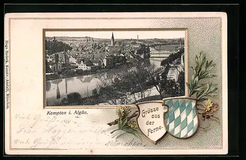 Passepartout-Lithographie Kempten i. Algäu, Ortsansicht mit Fluss und Kirche, Wappen