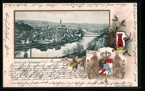 Passepartout-Lithographie Kempten, Ortsansicht mit Fluss, Wappen