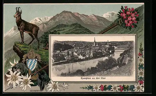 Passepartout-Lithographie Kempten an der Iller, Teilansicht mit Fluss und Brücke, Wappen