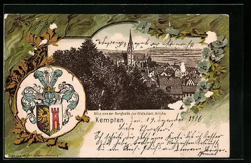 Passepartout-Lithographie Kempten, Ortspartie mit Kirche, Wappen