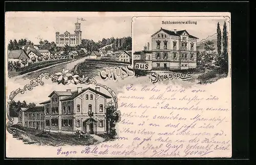 Lithographie Strassberg, Schlossverwaltung, Gasthaus