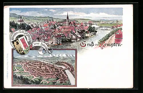 Lithographie Kempten, Ortsansicht z. Z. des 30 jähr. Krieges und heute