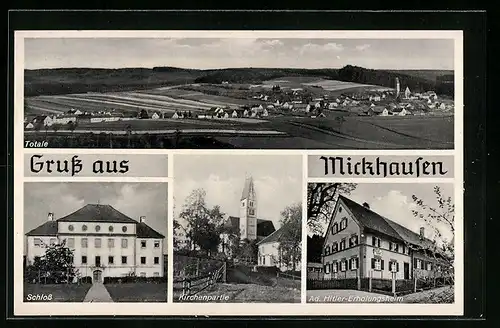 AK Mickhausen, Schloss, Kirchenpartie, Ad. Erholungsheim
