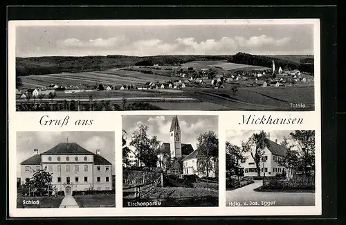 AK Mickhausen, Schloss, Kirchenparthie, Hdlg. v. Jos. Egger