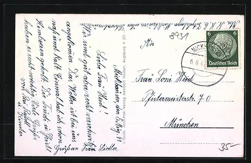 AK Mickhausen, Schloss, Kirchenparthie, Hdlg. v. Jos. Egger