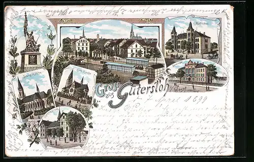 Lithographie Gütersloh i. West., Evang. Kirche, Kath. Kirche, Rathaus