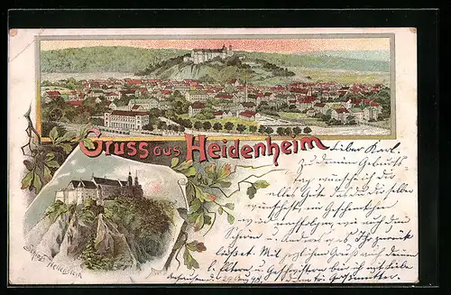 Lithographie Heidenheim, Ortsansicht mit Schloss Hellenstein