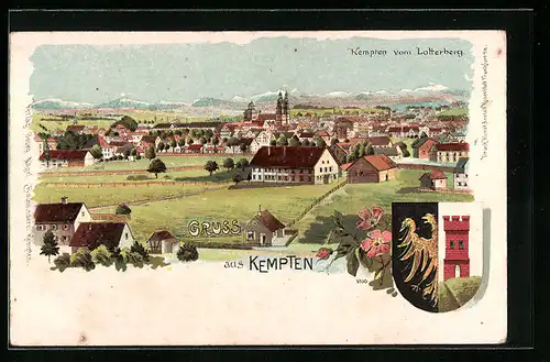 Lithographie Kempten, Ortsansicht vom Lotterberg aus, Wappen