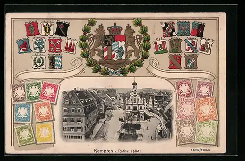 Präge-AK Kempten, Rathausplatz, Briefmarken und Wappen