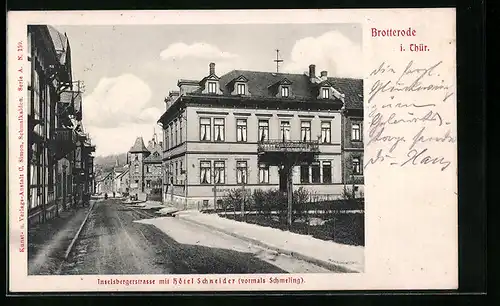 AK Brotterode i. Thür., Inselsbergerstrasse mit Hotel Schneider