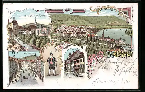 Lithographie Waldshut, Rathaus, Oberes Tor und katholische Kirche, Hauptstrasse