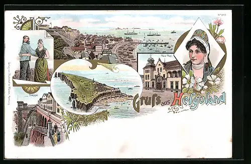 Lithographie Helgoland, Neue Post, Treppe, Frau in Tracht