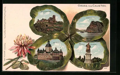 Passepartout-Lithographie Caub a. Rh., Burg Gutenfels, Die Pfalz und Loreley im Kleeblatt