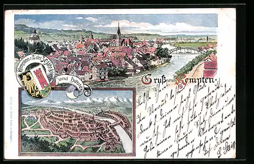 Lithographie Kempten, Ortsansicht, Teilansicht mit Brücke, Wappen