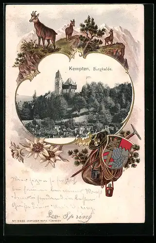 Passepartout-Lithographie Kempten, Burghalde, Gämse auf einem Berg, Wappen