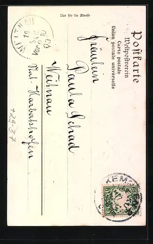 Passepartout-Lithographie Kempten, Teilansicht mit Brücke, Gämse auf einem Berg, Wappen