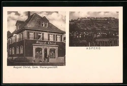 AK Asperg, Ortsansicht mit Umgebung, Warengeschäft August Christ