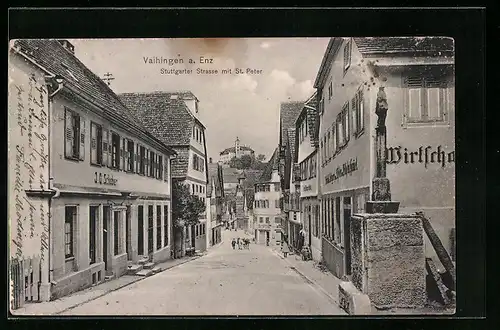 AK Vaihingen /Enz, Stuttgarter Strasse mit St. Peter und Gasthaus